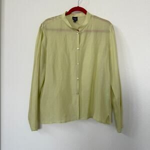 EILEEN FISHER Celadon Silk Linen Button Front Blouse Green Top Women L
